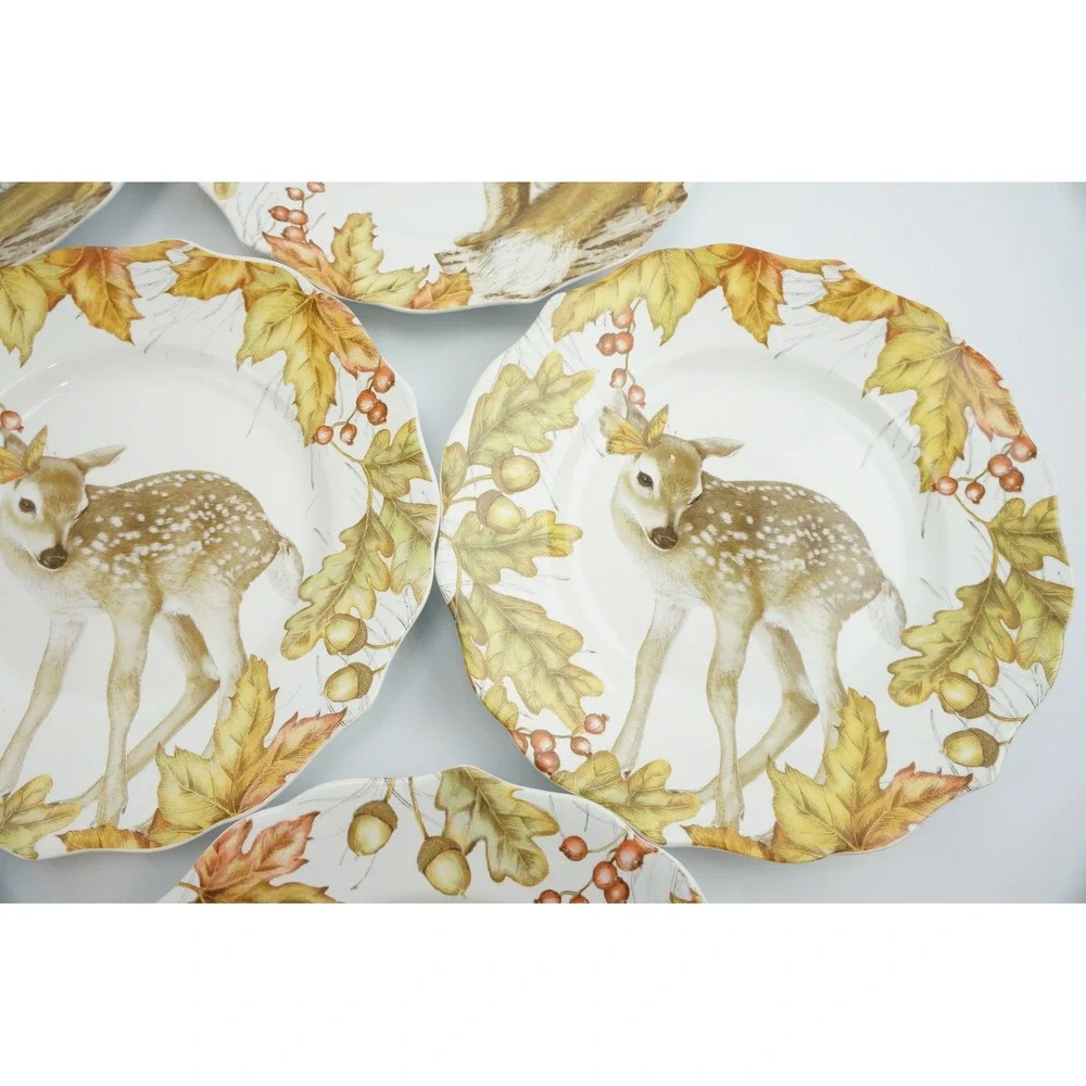 Pier 1 Mazey Critters Salad Plate Set 7 Fox Deer Squirrel Autumn Excellent